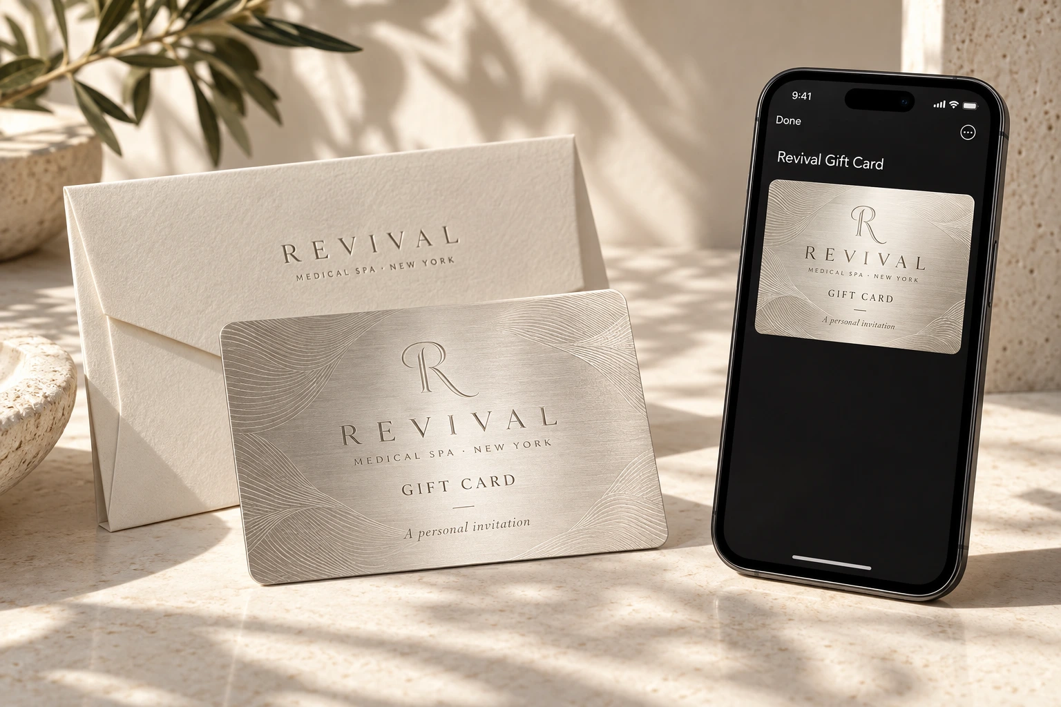 Silver Revival gift card and envelope presentation concept