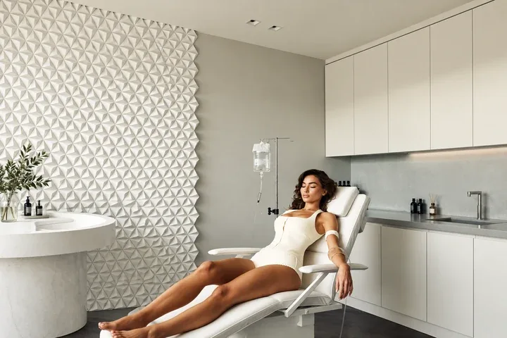 Illustrative wellness campaign showing a woman resting in an IV chair