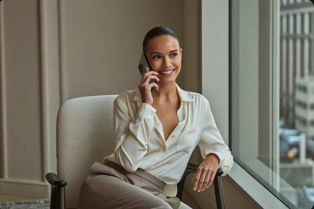 Illustrative flexible-care campaign showing a woman taking a phone call