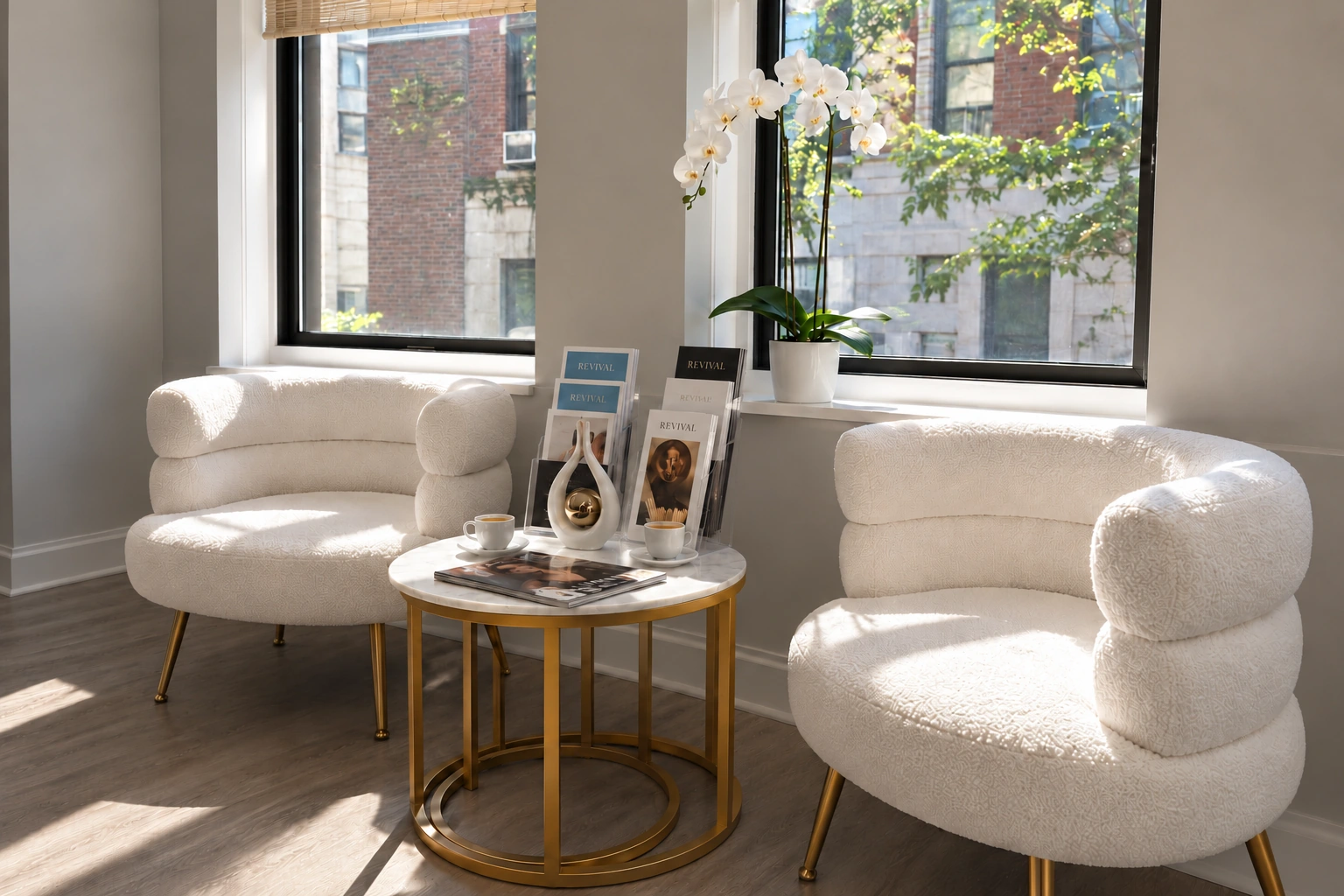 Two white lounge chairs with coffee prepared for two — campaign imagery