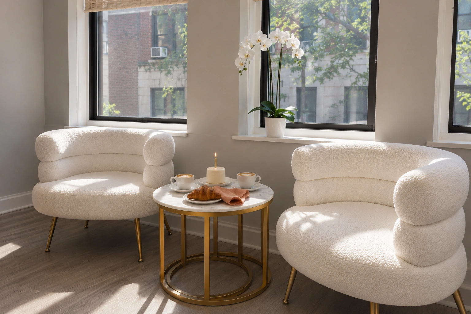 A birthday cake and coffee for two in the Revival lounge — campaign imagery