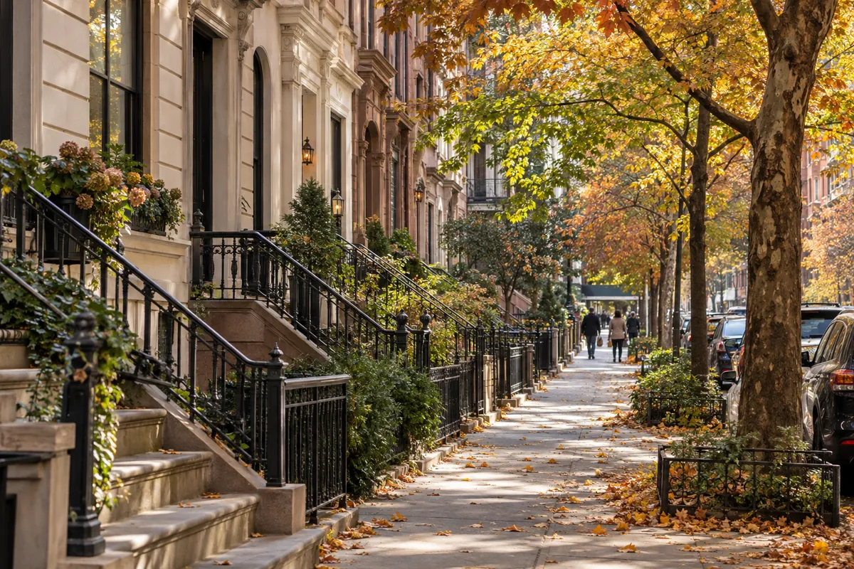 Autumn leaves along a Manhattan-style brownstone street — editorial imagery