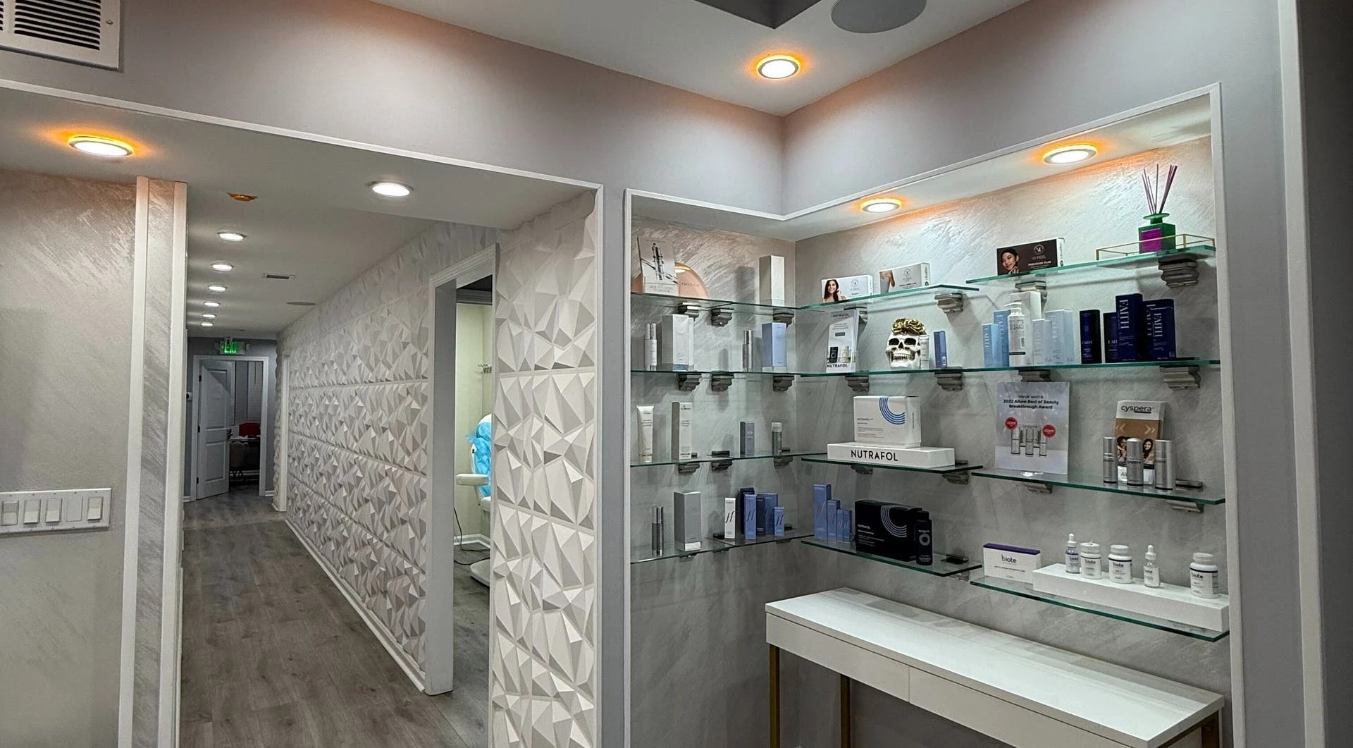 Skincare display and interior details at Revival