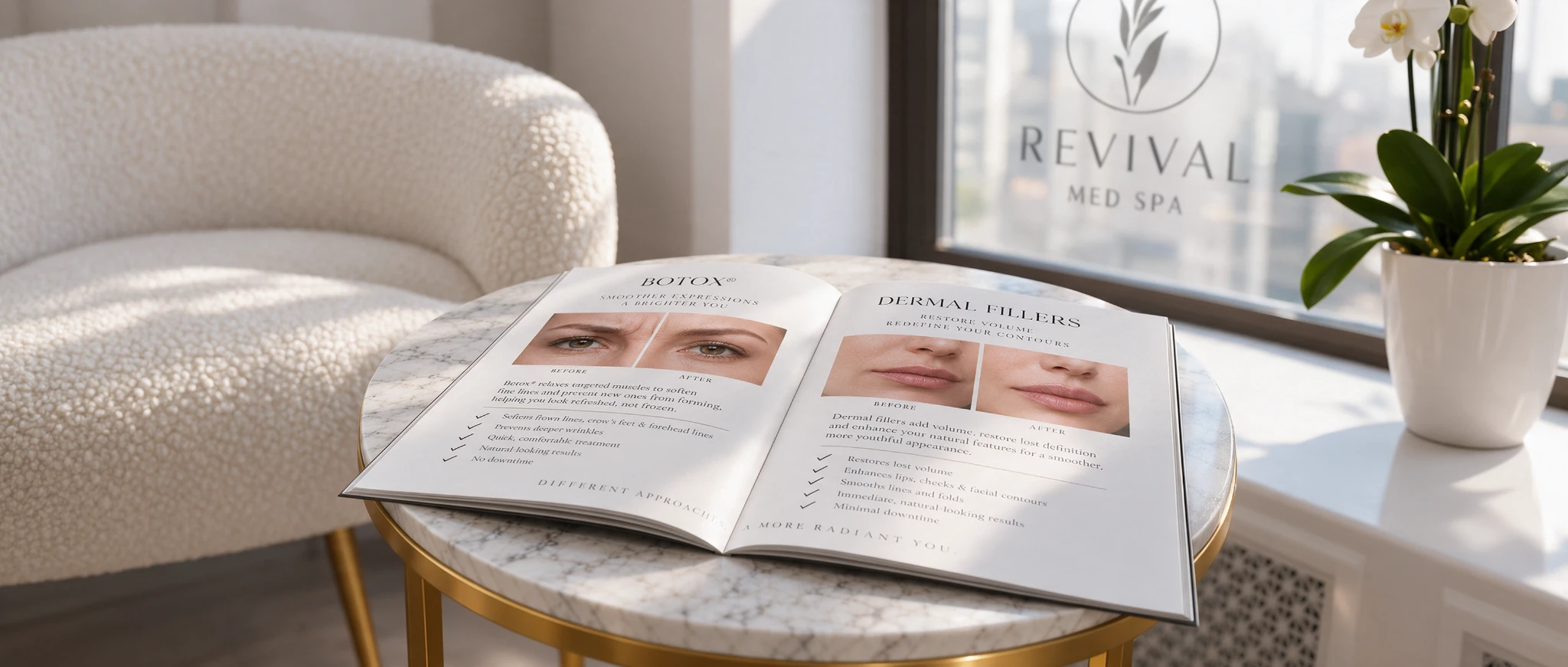 A treatment guide in a light-filled lounge